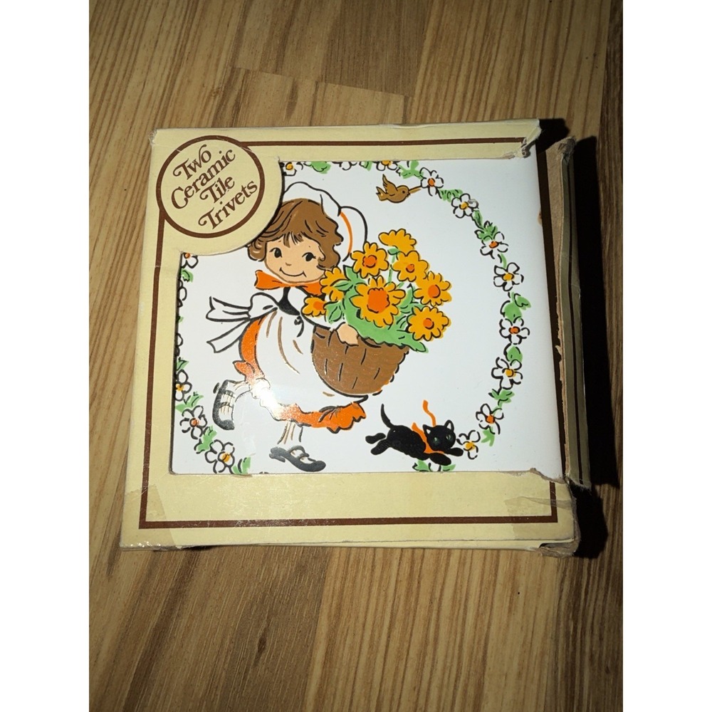 VTG New Tile Hot Plate Trivet Square Retro Kitchen Girl Flowers Cat Jasco Tawain